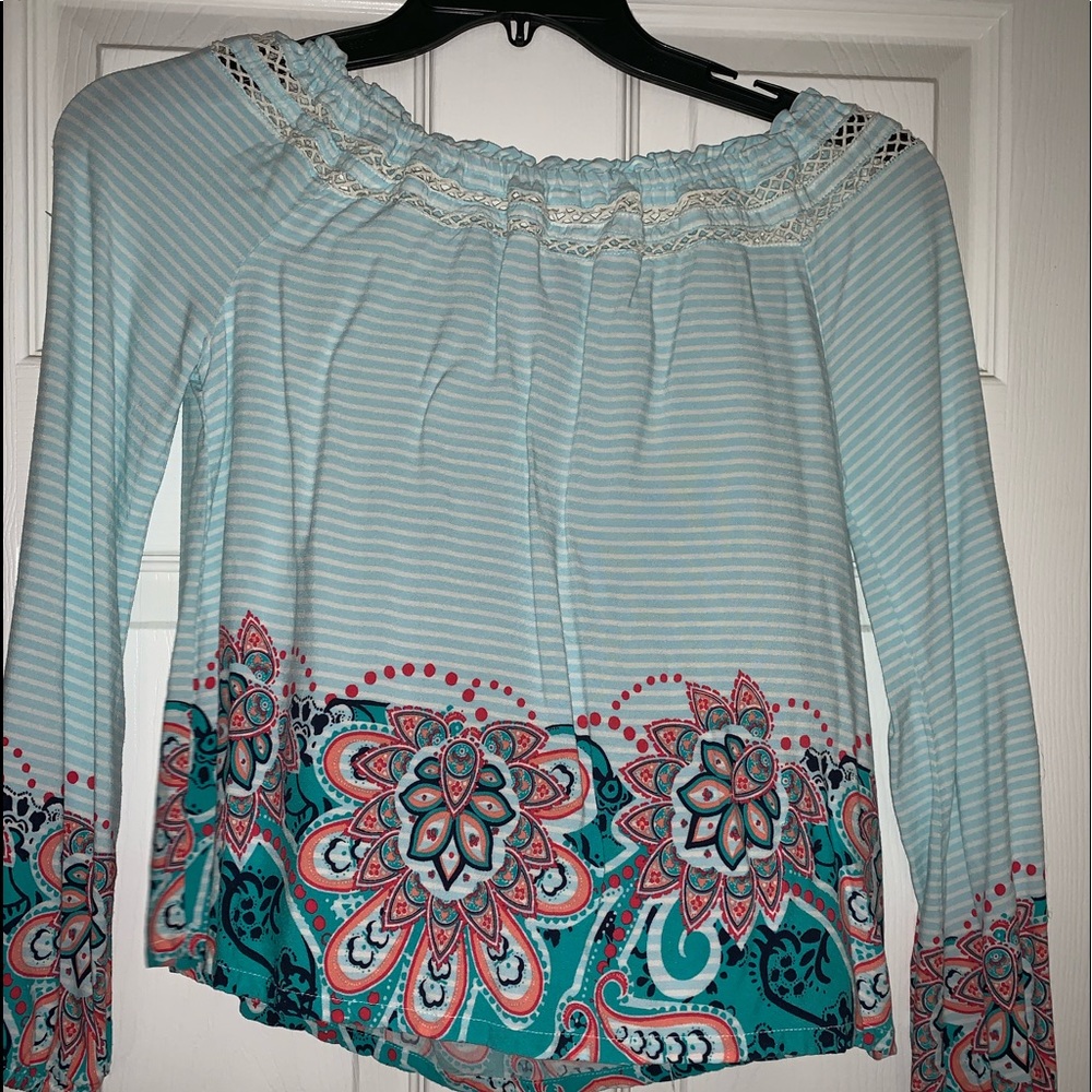Aqua blue and white striped off- shoulder blouse